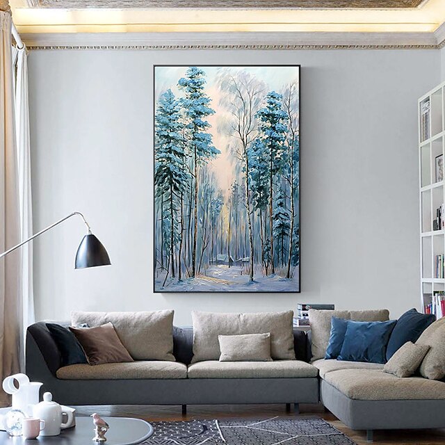 Home & Garden Wall Art | Oil Painting Handmade Hand Painted Wall Art Abstract Blue Snow Forest Landscape Home Decoration Decor R