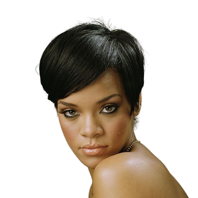 

Human Hair Wig with Bangs Natural Straight Pixie Cut Short Human Hair Wigs for Black Women Non Lace Front Wig Full Machine Wigs 120% Density Capless Wigs Brazilian Hair Natural Black 6 Inch
