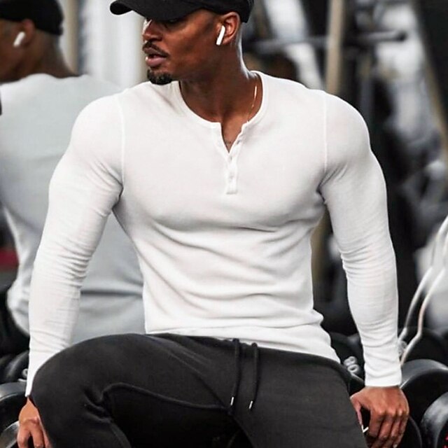  Men's Crew Neck Yoga Top Solid Color White Black Cotton Yoga Gym Workout Running Tee Tshirt Top Long Sleeve Sport Activewear Breathable Quick Dry Comfortable Micro-elastic