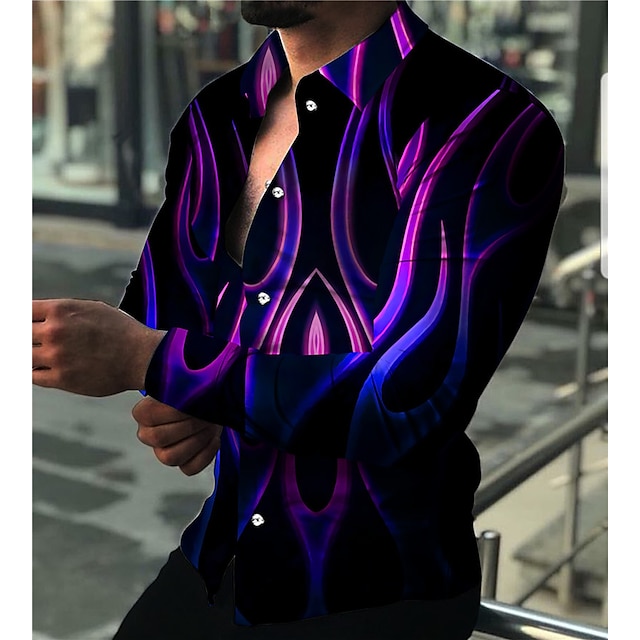  Homens Camisa Social Camisa Gráfica Labareda Aberto para a Lateral Preto / Vermelho Branco Vermelho Azul Roxo Impressão 3D Diário Feriado Manga Longa Impressão 3D Botão para baixo Roupa Moda Designer