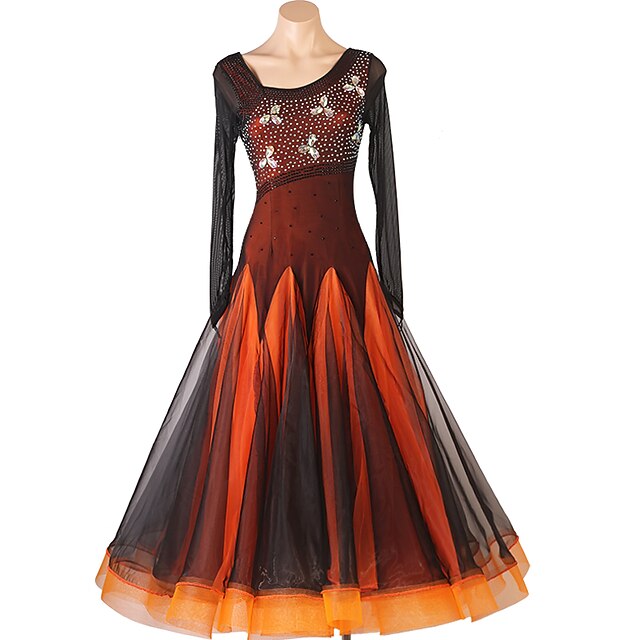 Ballroom Dance Dress Crystals / Rhinestones Women's Training Performance Long Sleeve High Mesh Spandex Organza2