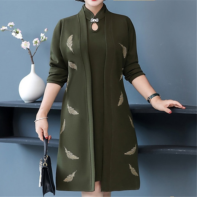 Womens Clothing Plus Size Collection | Womens Plus Size A Line Dress Leaf V Neck Long Sleeve Spring Summer Work Basic Casual St.