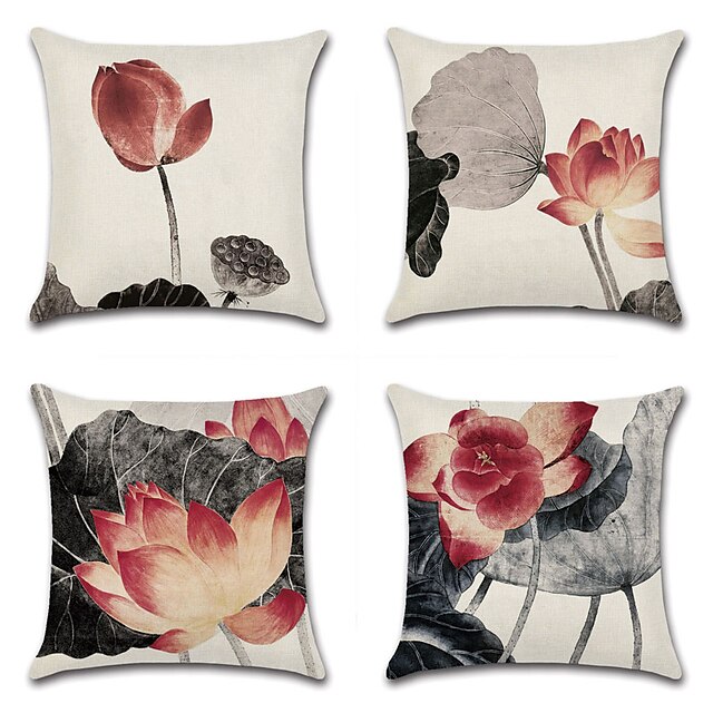  Lotus Double Side Cushion Cover 4PC Soft Decorative Square Throw Pillow Cover Cushion Case Pillowcase for Bedroom Livingroom Superior Quality Machine Washable Indoor Cushion for Sofa Couch Bed Chair