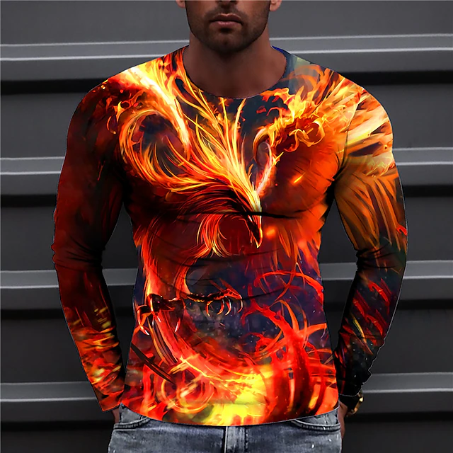 Men's Graphic Prints Phoenix T Shirt Long Sleeve T shirt 3D Print Crew Neck Shirt Designer Casual Big and Tall Daily Holiday White Light Green Red Spring & Fall Clothing Apparel S M L XL XXL 3XL 4XL 7