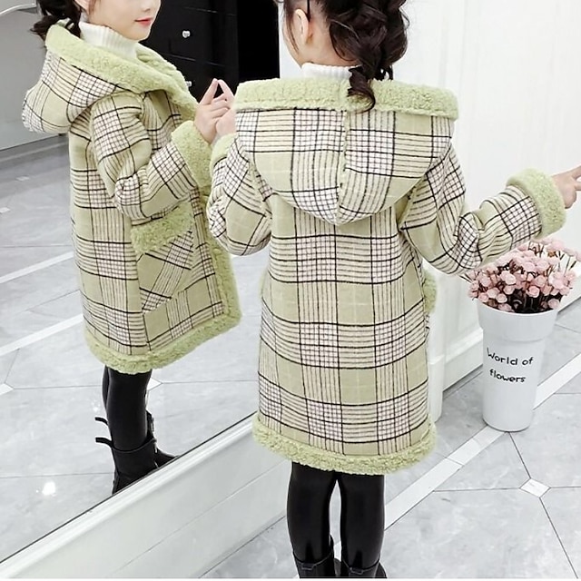 Baby & Kids Girls Clothing | Kids Girls New Year Coat Parka Long Sleeve Pink Light Green Plaid Fur Collar Fall Winter Active Chr