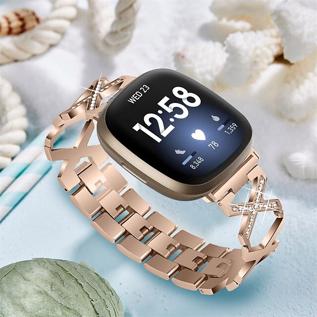  1 pcs Smart Watch-band för Fitbit Versa 3 / Sense fitbit sense / Versa 3 Rostfritt stål Smart klocka Rem Bling Diamond Affärsband Diamant Ersättning Armband