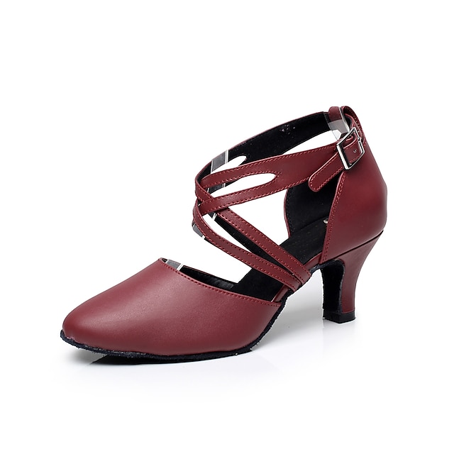  Mujer Salón Zapatos de Baile Moderno Zapatos de personaje Rendimiento Interior Vals Sandalia Un Color Tacón Cubano Correa cruzada Negro Rojo