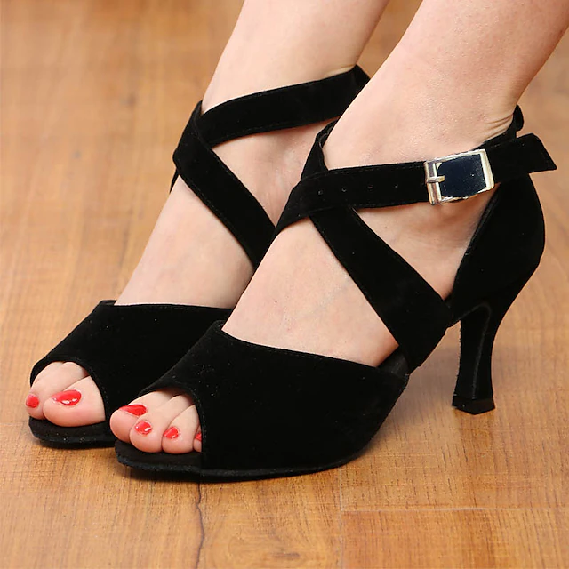Women's Black Suede Latin Dance Shoes – Open Toe Heels with Soft Suede Sole and Cross Ankle Straps for Ballroom, Salsa, and Performance Practice 13