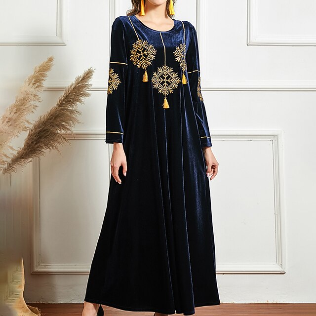 

Women's Swing Dress Maxi long Dress Dark Blue Long Sleeve Floral Embroidered Spring Summer Round Neck Elegant Vintage Muslim 2022 S M L XL XXL 3XL