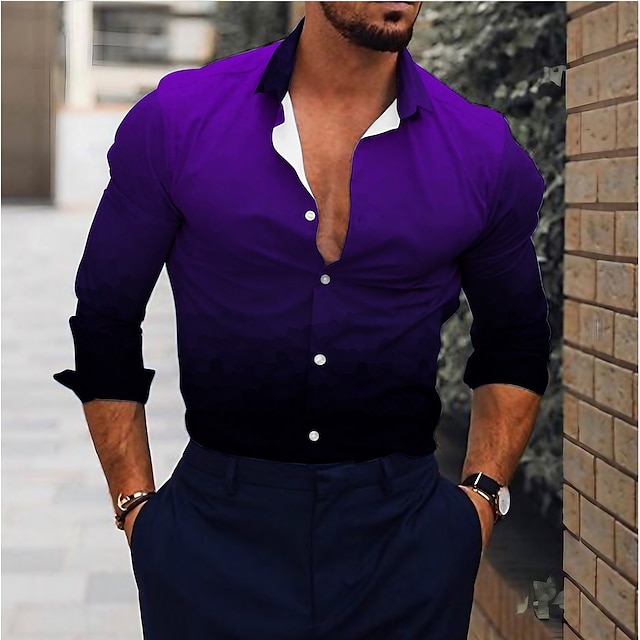  Per uomo Camicia Camicie Gradiente Esterno Informale Blu Viola Marrone Verde Manica lunga Collo ripiegabile Estate Primavera Abbigliamento Stampa
