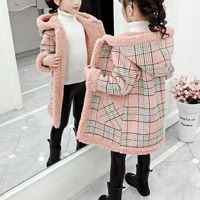  gyerek lány kabát parka hosszú ujjú rózsaszín világoszöld kockás szőrme gallér ősz tél aktív 4-12 éves korig / tavaszi / cuki