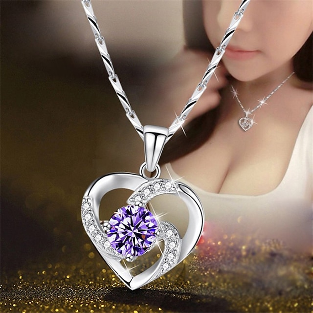 

Women's Eternal Crystal Clavicle Chain Heart-Shaped Pendant 925 Silver Plated Diamond Sapphire Necklace Female