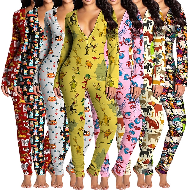  Women's Breathable Gift Pajamas Jumpsuits Home Daily Bed Print Cartoon Animal Polyester Fashion Winter V Wire Long Sleeve Long Pant Zipper