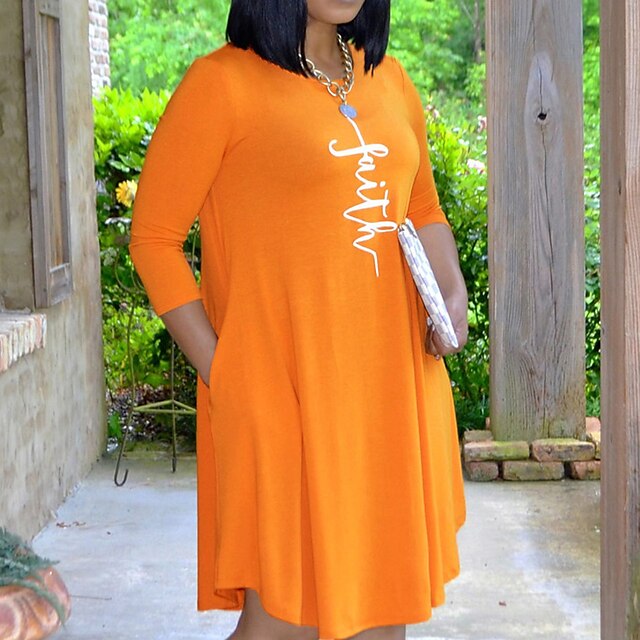 Womens Clothing Plus Size Collection | Womens Plus Size T Shirt Dress Tee Dress Letter Round Neck Print 3/4 Length Sleeve Spring