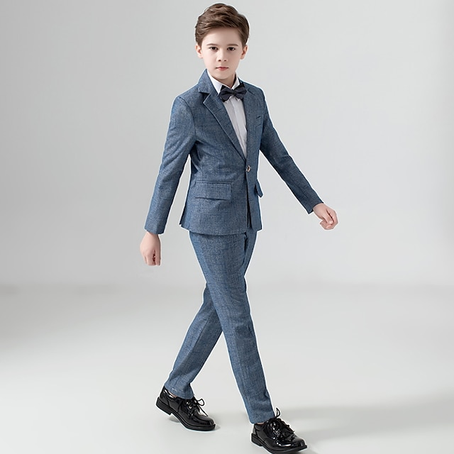  5 Pieces Kids Boys Blazer Pants Set Formal Set  Long Sleeve Outfits Blue Solid Color Bow Party Suit  Formal Gentle Regular 3-13 Years