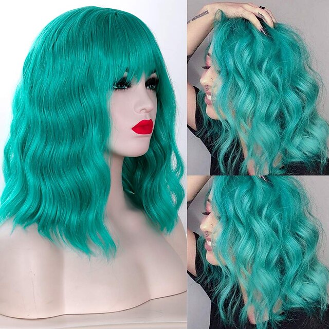  Wavy Bob Wig with Air Bangs for Women Mixed Green Synthetic Short Bob Cosplay Wig 14 inch Shoulder Length Colorful Curly Wave Bob Wigs for Women Turquoise Color Heat Resistant Fiber Hair Full Wig