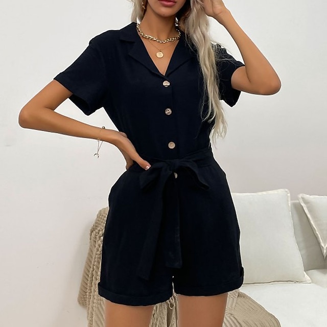

Women's Romper Lace up Bow Solid Color V Neck Active Street Vacation Baggy Shorts Regular Fit Short Sleeve Black S M L Spring