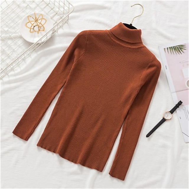 Women's Pullover Sweater Jumper Turtleneck Ribbed Knit Spandex Knitted ...