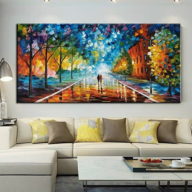  pictură în ulei pictată manual artă de perete abstract ploaie stradă copac lampă cuțit peisaj decorare acasă decor pânză rulată fără cadru neîntins
