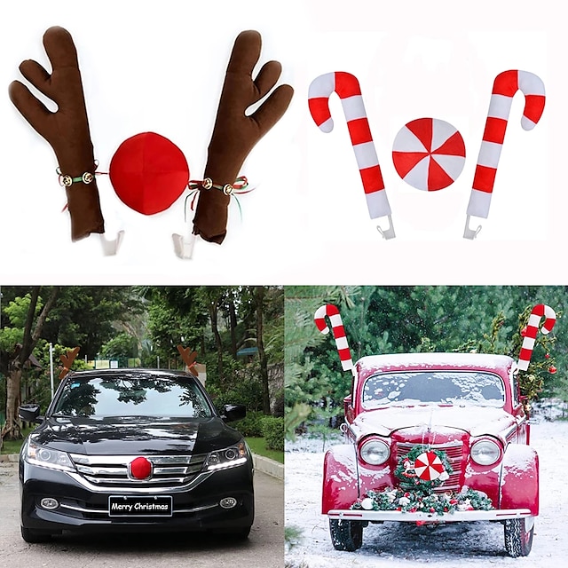 Christmas Car Decoration Set Christmas Antlers Red Nose Set for Car Ornament Vehicle Nose Horn Costume Set Christmas Antlers with Plush Reindeer Nose Ornaments for Car Light Green