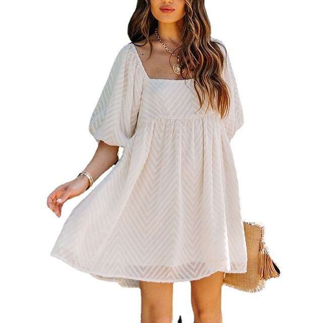 Womens Clothing Womens Dresses | Womens Shift Dress Short Mini Dress Half Sleeve Pure Color Smocked Spring Summer Square Neck St