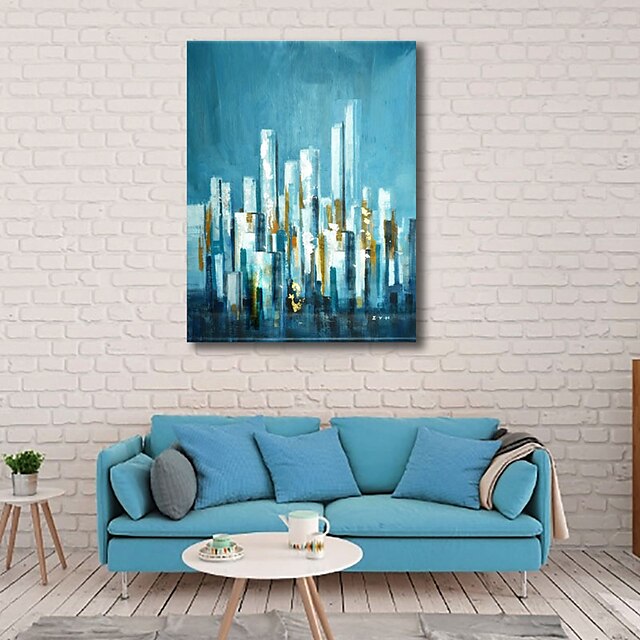 Home & Garden Wall Art | Oil Painting Handmade Hand Painted Wall Art Modern Abstract Blue City Building Landscape Home Decoratio