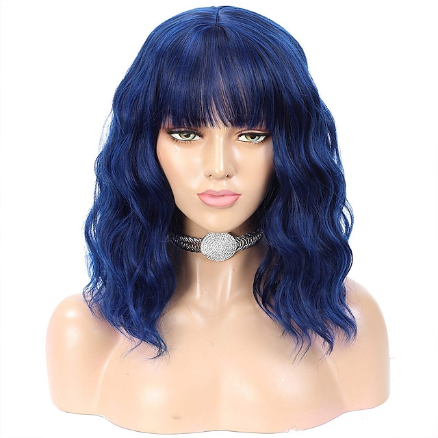  blå peruker för kvinnor blå marinblå peruk dam naturligt lockigt hår kortvågig peruk med luftsmäll värmebeständig syntetisk fest cosplay stor 14tum(ca 35cm)