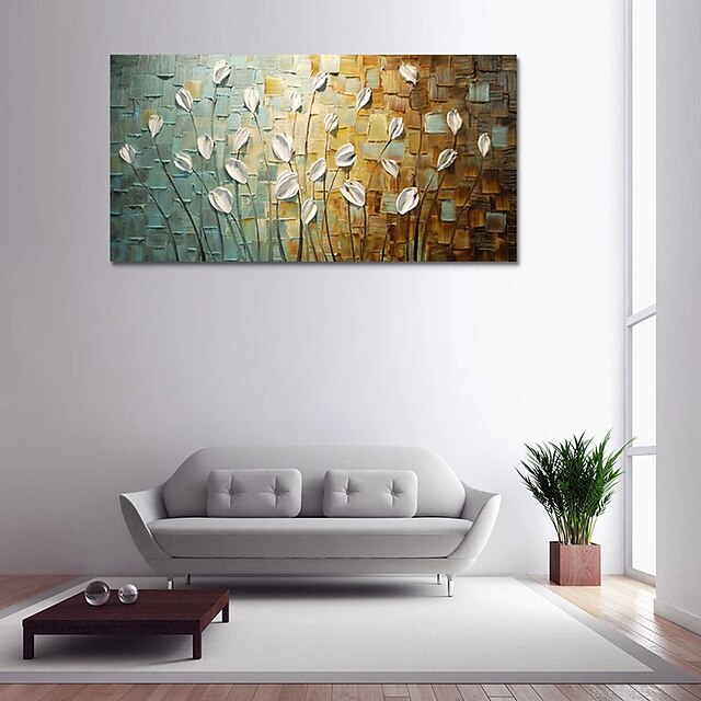 Home & Garden Wall Art | Oil Painting Handmade Hand Painted Wall Art Modern Thick Oil Knife White Flowers Abstract Home Decorati