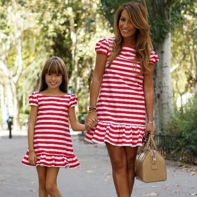  Mommy and Me Dresses Graphic Striped Sports & Outdoor Ruched Red Short Sleeve Above Knee T Shirt Dress Tee Dress Active Matching Outfits