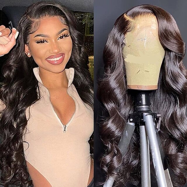 

Front Lace Wig Real Human Hair 18-32 Inch Body Wavy Lace Front Wig Suitable For Women 13x4 Lace Front Wig Pre-pulled Hairline And Baby Hair 150% Density 10A Dyed Natural Black Hair Wig