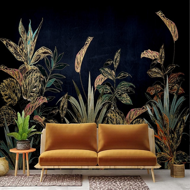  壁画壁紙ウォールステッカーカバープリントピールアンドスティック取り外し可能な自己接着ジャングル植物黒背景PVC /ビニール家の装飾