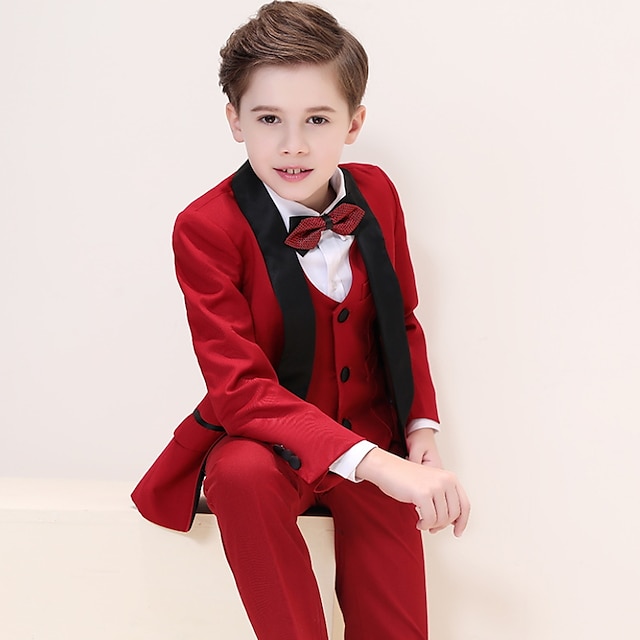  5 Pcs Kids Boys'  Blazer Pants Set Formal Set  Long Sleeve Outfit White Black Red Solid Color Bow Party Set Special Occasion Formal Gentle Regular 3-13 Years