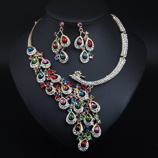  Bridal Jewelry Sets 1 set Crystal Rhinestone Alloy 1 Necklace Earrings Women's Statement Colorful Cute Fancy Peacock irregular Jewelry Set For Party Wedding