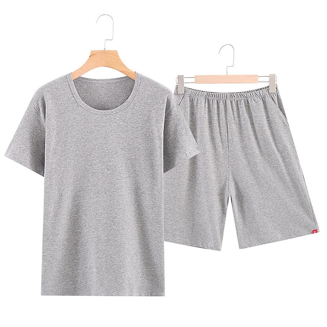  Herr Vardagsklädsel Sovkläder Pyjamas set Pyjamastopp och shorts 1set Ren färg Mode Mjukt Hem Säng Bomull Lättvikt Rund hals Kortärmad Shorts Grundläggande Höst Vår Svart Marinblå