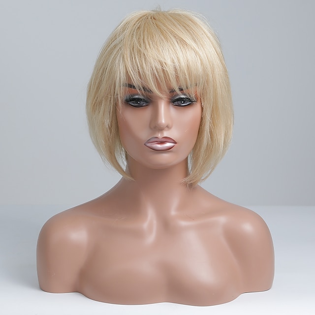 Human Hair Blend Wig Medium Length Straight Bob Layered Haircut Short ...