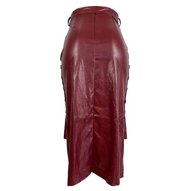 Womens Clothing Womens Bottoms | Knotted PU Leather Slit Skirt High Waisted Stretch Split Midi Hip Skirt Black Camel Red Wine S 