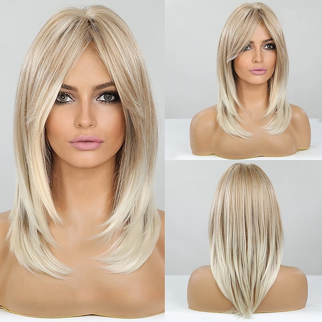  Blonde Wigs with Bangs Long Layered Blonde Wig Women Synthetic Wig with Bangs 18inch Christmas Party Wigs