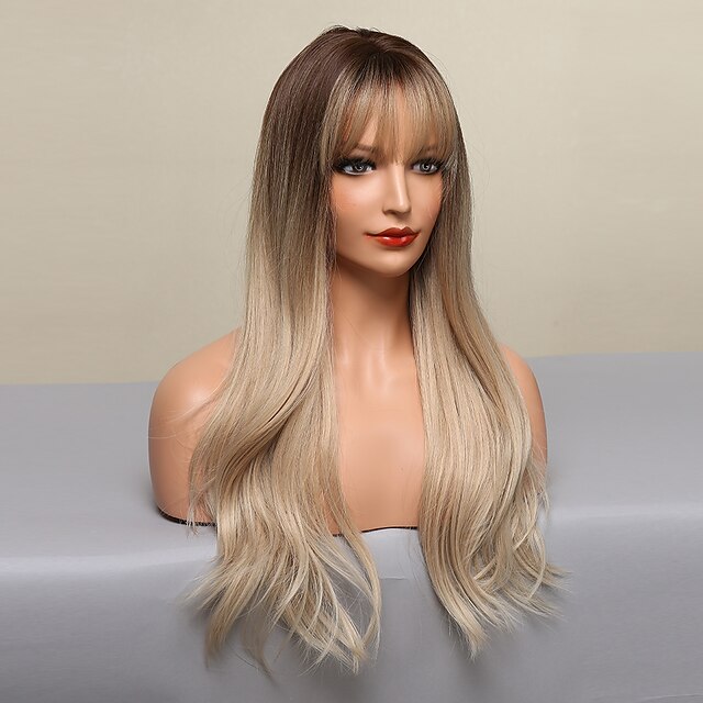 Beauty & Hair Wigs & Hair Pieces | Synthetic Wig Natural Wave With Bangs Machine Made Wig 24 inch Light Brown Synthetic Hair Wom