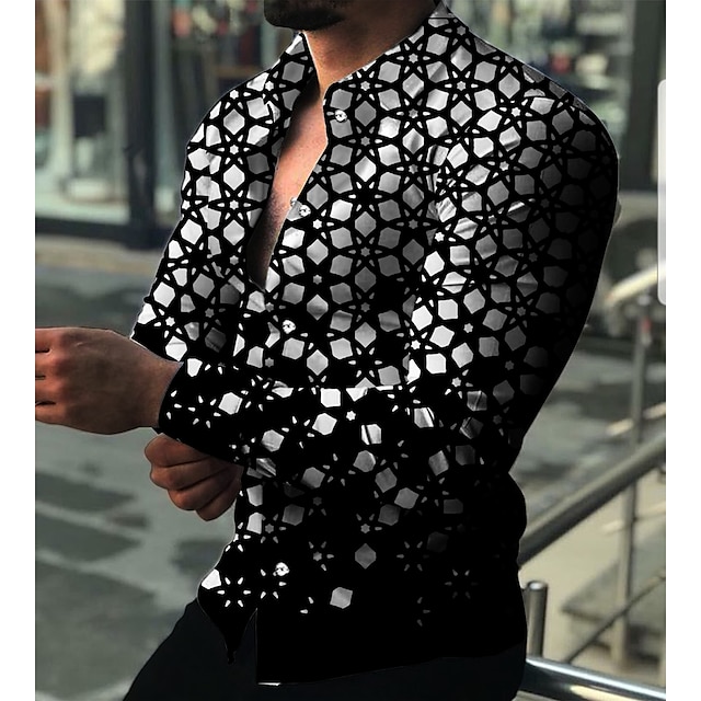  Voor heren Overhemd 3D-afdrukken Bloemig Geometrisch Strijkijzer Dagelijks Feestdagen 3D-afdrukken Button-omlaag Lange mouw Tops Casual Modieus Ademend Zwart