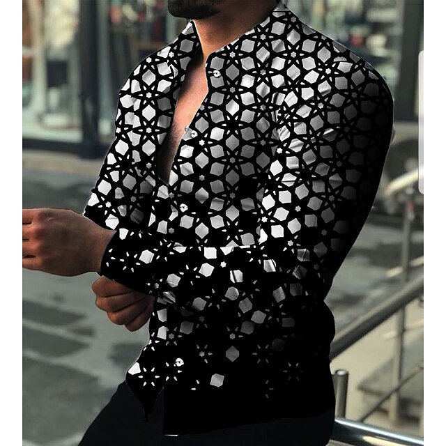 Men's Geometric Geometric Pattern Shirt Button Up Shirt Long Sleeve Fashion Designer Casual Daily Holiday Going out Spring & Summer Turndown 3D Print Button-Down Black2