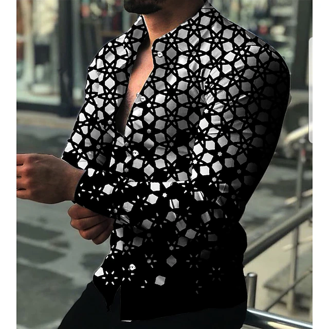Men's Geometric Geometric Pattern Shirt Button Up Shirt Long Sleeve Fashion Designer Casual Daily Holiday Going out Spring & Summer Turndown 3D Print Button-Down Black2