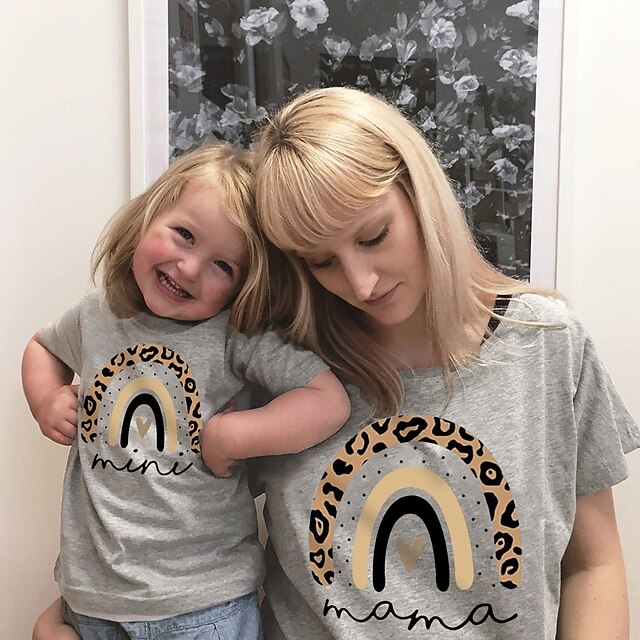 Baby & Kids Matching Outfits | Mommy and Me Valentines T shirt Tops Rainbow Heart Letter Causal Print Light Gray Short Sleeve Da