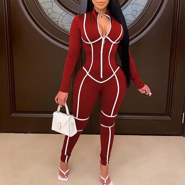 

Women's Jumpsuit Zipper Color Block Stand Collar Active Street Sport Regular Fit Long Sleeve Black Gray Wine S M L Spring