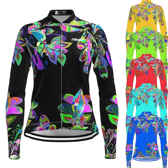  21Grams Women's Cycling Jersey Long Sleeve Bike Top with 3 Rear Pockets Mountain Bike MTB Road Bike Cycling Breathable Quick Dry Moisture Wicking Reflective Strips Black Green Yellow Floral Botanical