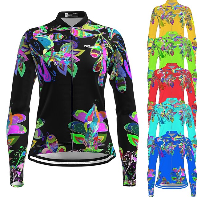 Women's Cycling Jersey Floral Botanical Long Sleeve Bike Top with 3 Rear Pockets Mountain Bike MTB Road Bike Cycling Quick Dry Reflective Strips Back Pocket Moisture Wicking Sports Black Yellow Red 11