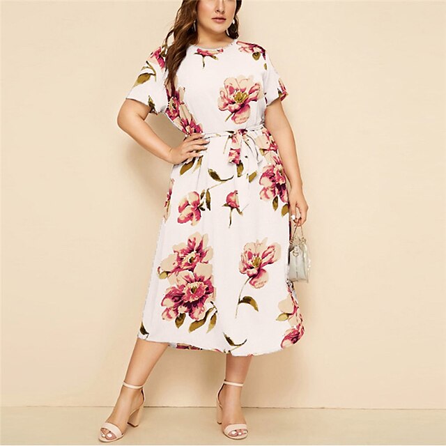 Womens Clothing Plus Size Collection | Womens Plus Size A Line Dress Floral Round Neck Print Short Sleeve Spring Summer Casual P