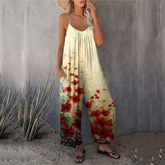 

Women's Jumpsuit Print Floral Crew Neck Active Street Casual Regular Fit Sleeveless Red S M L Spring