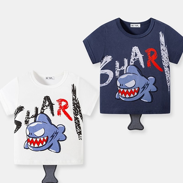 Baby & Kids Boys Clothing | Kids Boys T shirt Short Sleeve White Royal Blue Cartoon Shark Letter Indoor Outdoor Active Daily 2-8