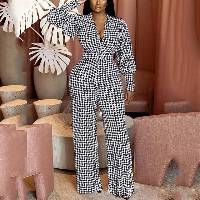 

Women's Jumpsuit Print Check Shirt Collar Active Street Going out Regular Fit Long Sleeve Black S M L Spring