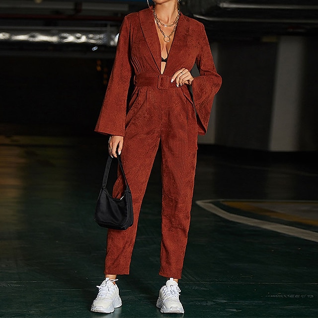 

Women's Jumpsuit Lace up Solid Color Shirt Collar Active Home Street Regular Fit Long Sleeve Brown S M L Spring